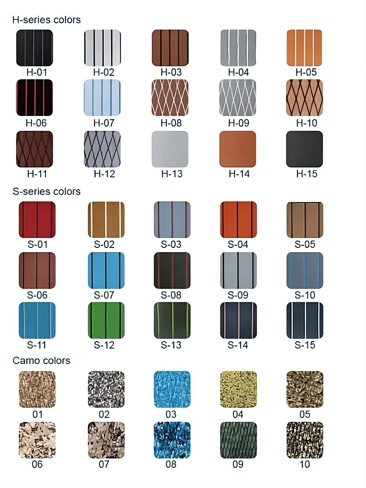 DekWave color chart: H-series, S-series and Camo colors