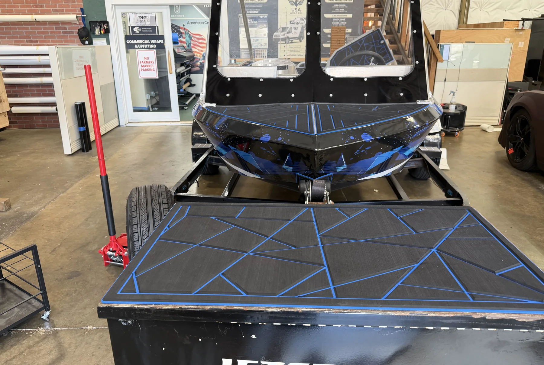 Jet boat with custom EVA decking in the shop
